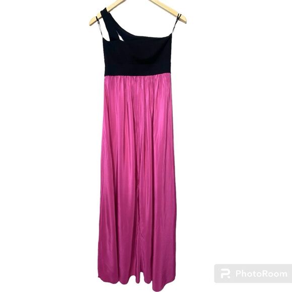 Michelle Mason One Shoulder Colorblock Silk Dress in Hot Fuchsia Pink and Black - Picture 3 of 13
